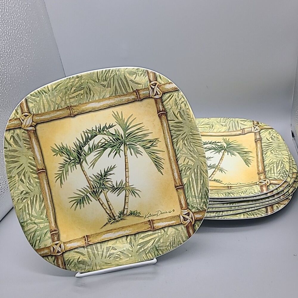 Set (8) NEW Kathleen Denis PALM TREE Melamine Dinner Plates 10.5” Keller-Charles